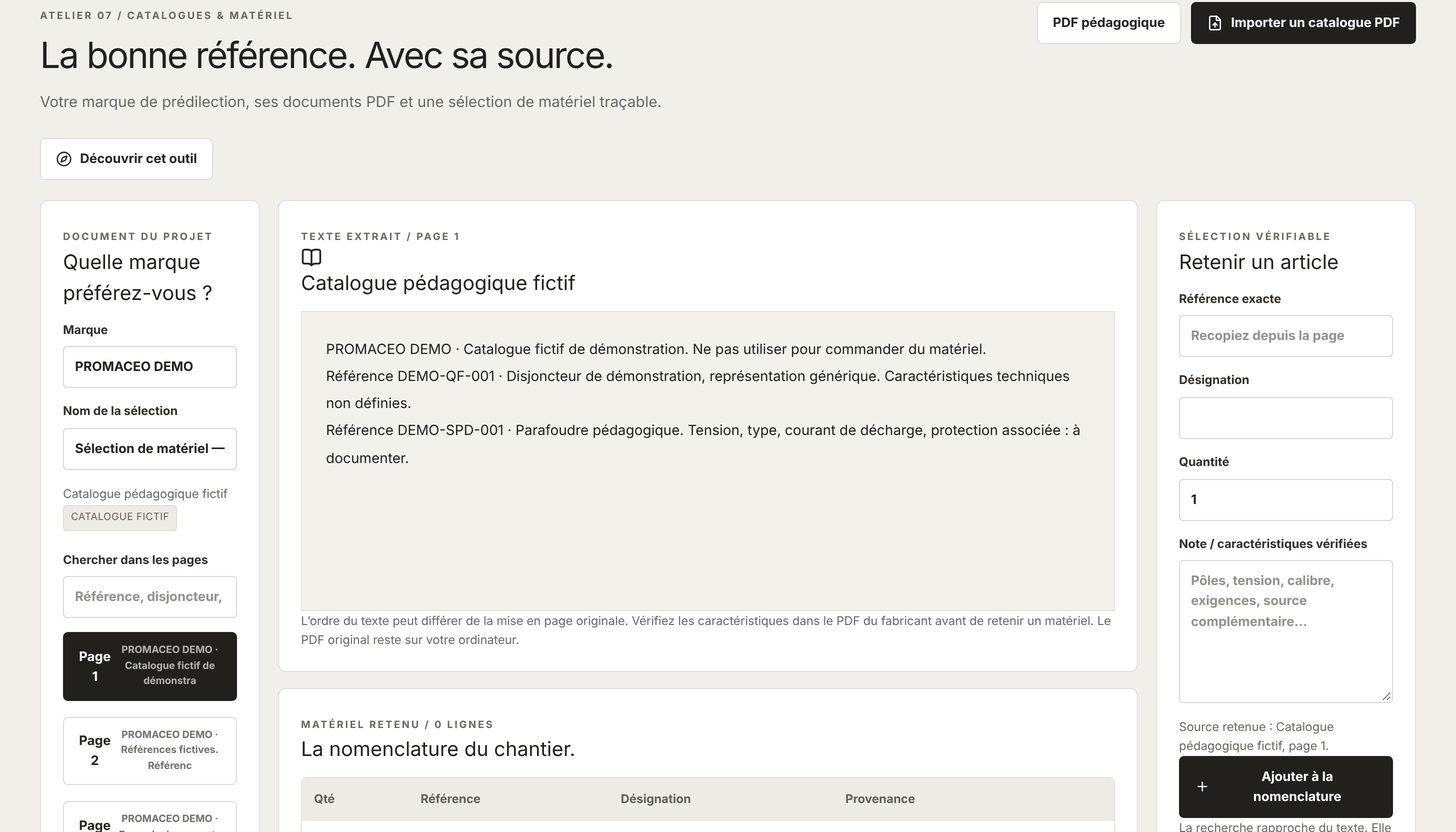 Capture réelle de l’atelier Catalogues & matériel — données de démonstration