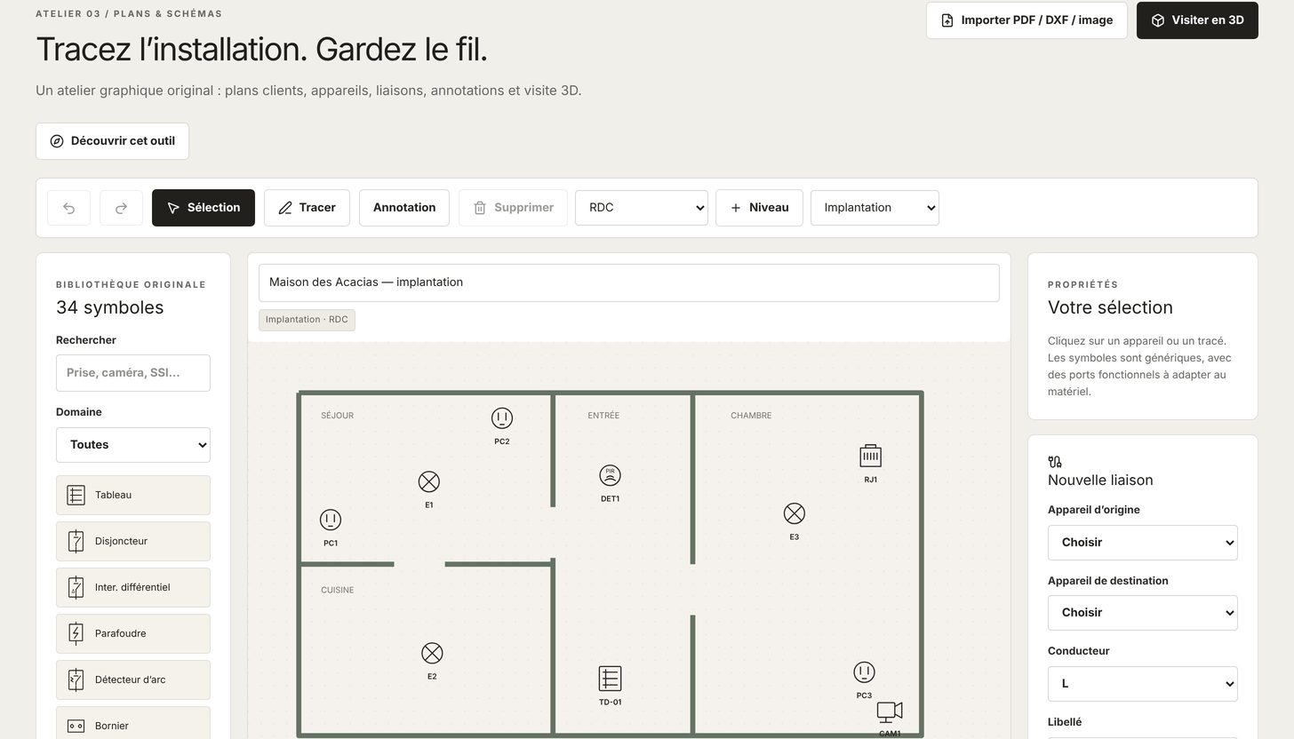 Capture réelle de l’atelier Plans & schémas — données de démonstration