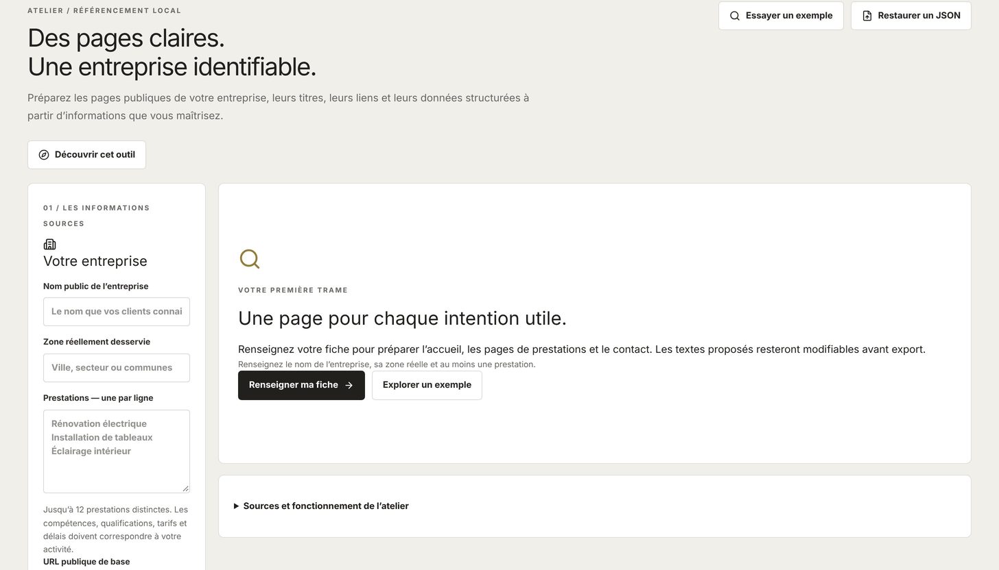 Capture réelle de l’atelier Référencement local — données de démonstration